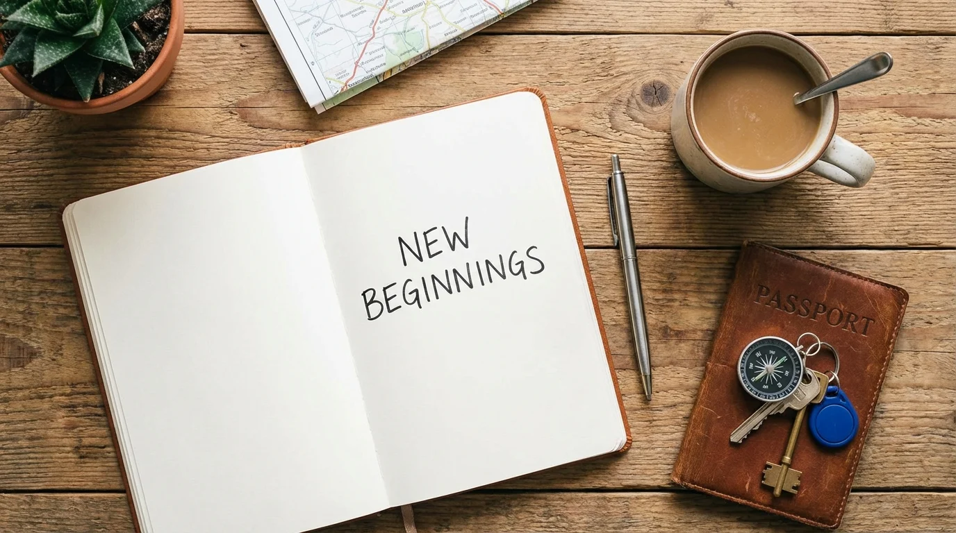 Overhead view of items representing new beginnings: journal, coffee, passport, and keys.