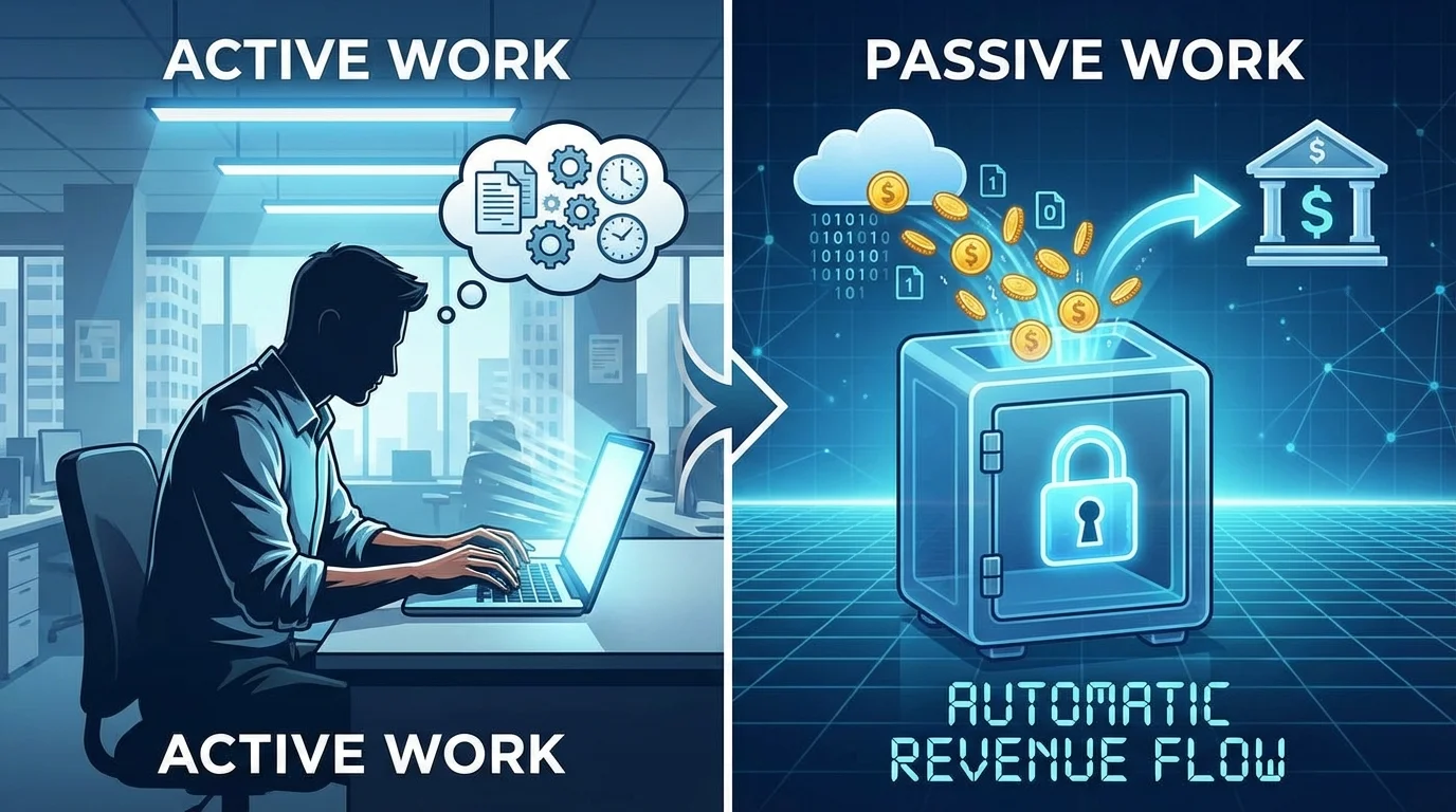 Contrast between active work and automated passive income generation.
