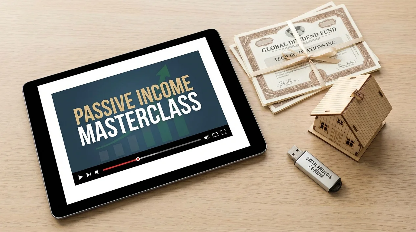 Collection of digital products, stocks, and real estate assets representing diverse passive income streams.