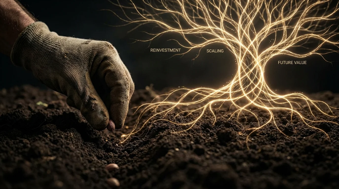 Symbolic representation of planting a seed and scaling growth through reinvestment strategies.