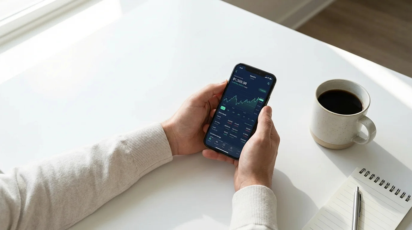 Person quickly checking financial status on a mobile device, symbolizing easy access to passive income information.