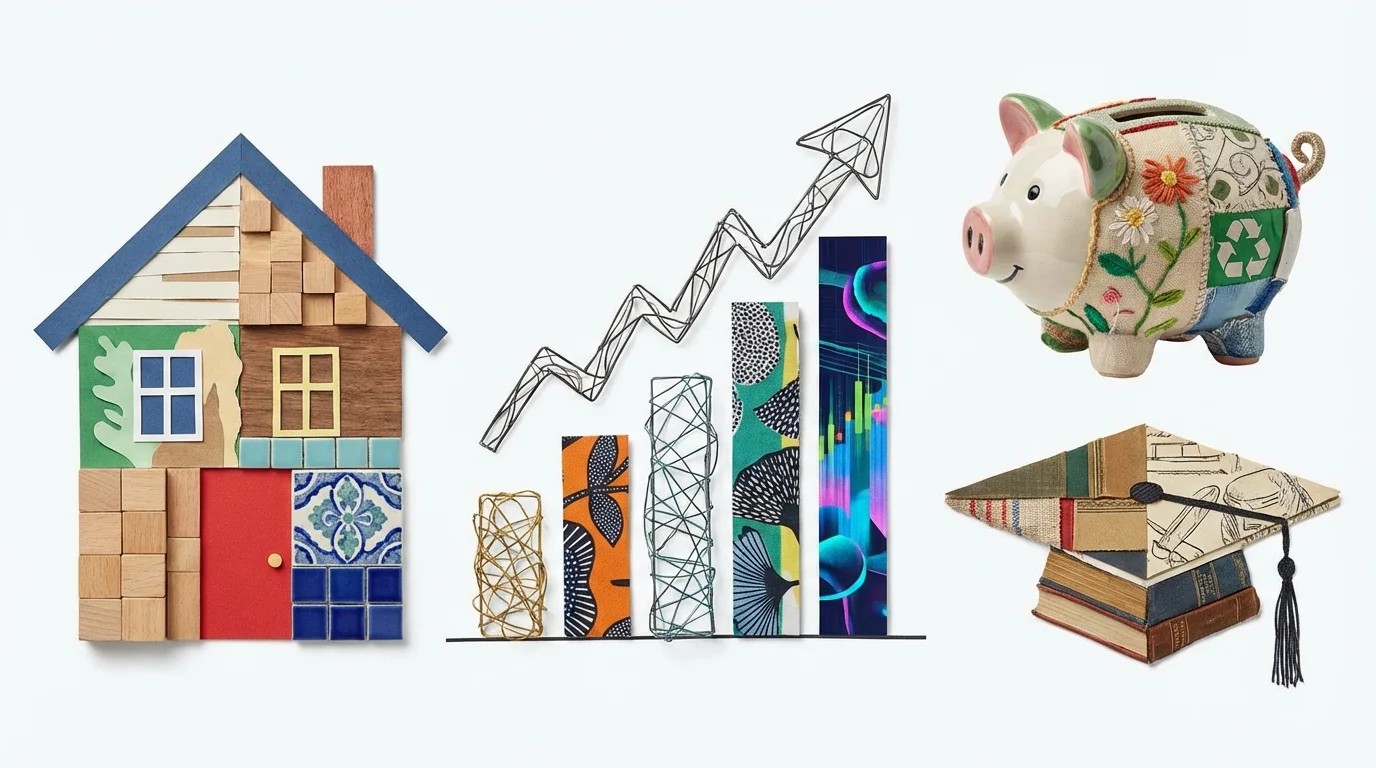 Mosaic of icons representing diverse personal finance topics like investing, saving, and debt.