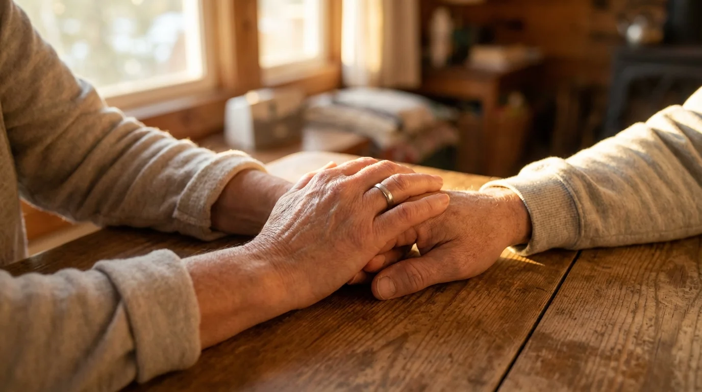 Hands gently touching on a table symbolizing active listening and empathetic response in a relationship.