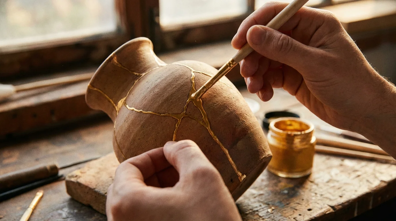 Kintsugi repair of a broken ceramic vase, symbolizing healing after difficulty.