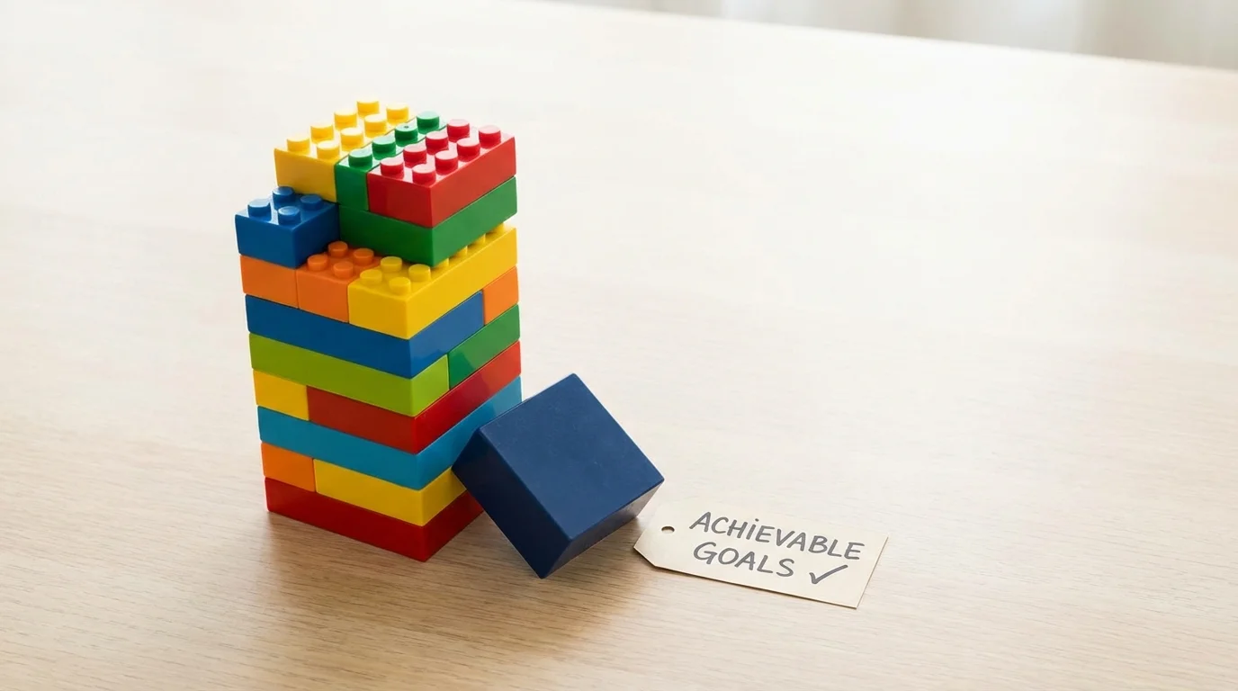 Overhead view of small, stable block towers representing achievable goals.