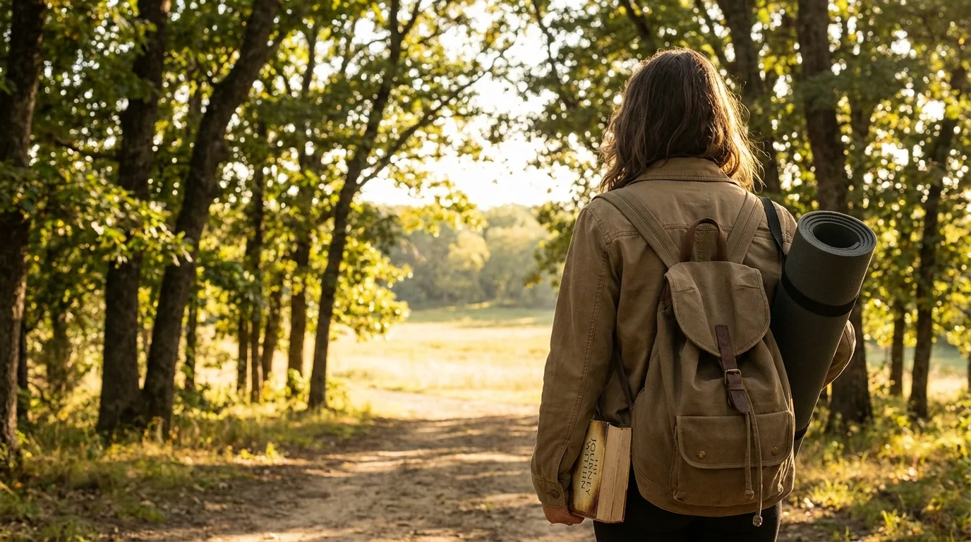 Person walking confidently down a sunny path, symbolizing self-rediscovery.