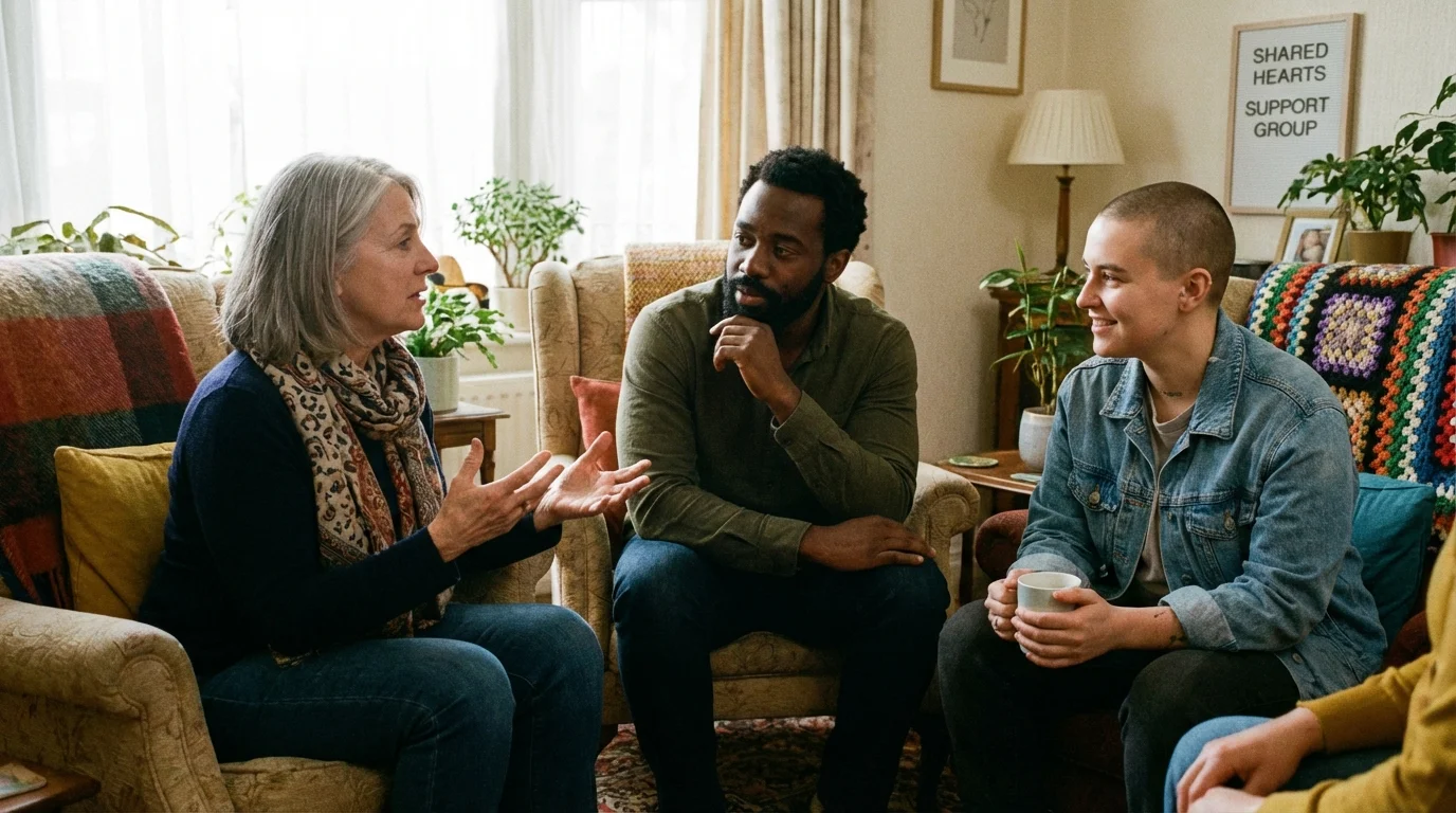 Support group members engaged in a supportive and open conversation.
