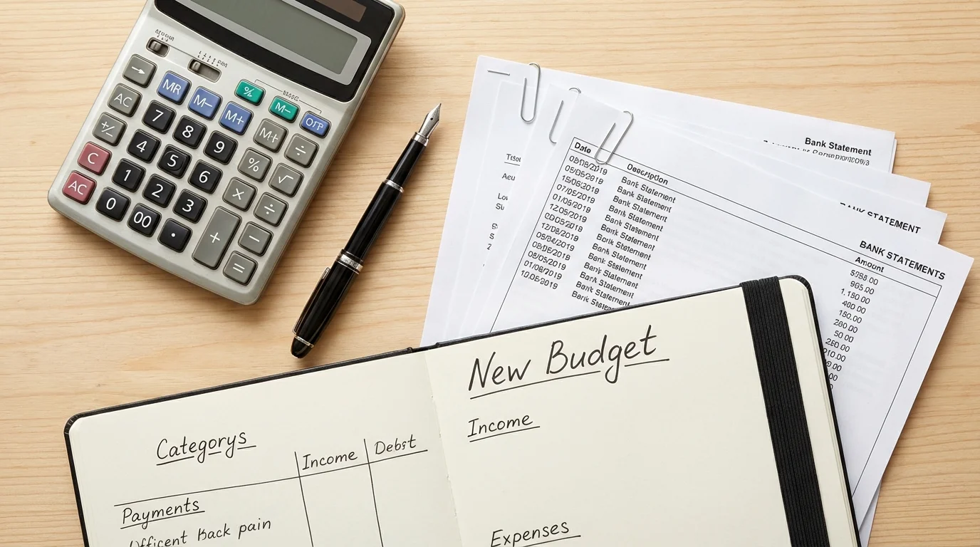 Organizing bank statements and creating a post-divorce budget on a clean desk.