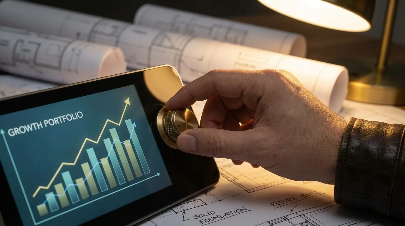 Hand adjusting an investment portfolio chart to build future wealth and secure foundation.