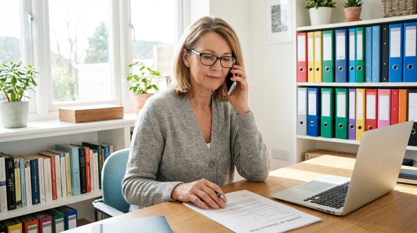 Person reviewing legal documents and securing certified copies after divorce finalization.