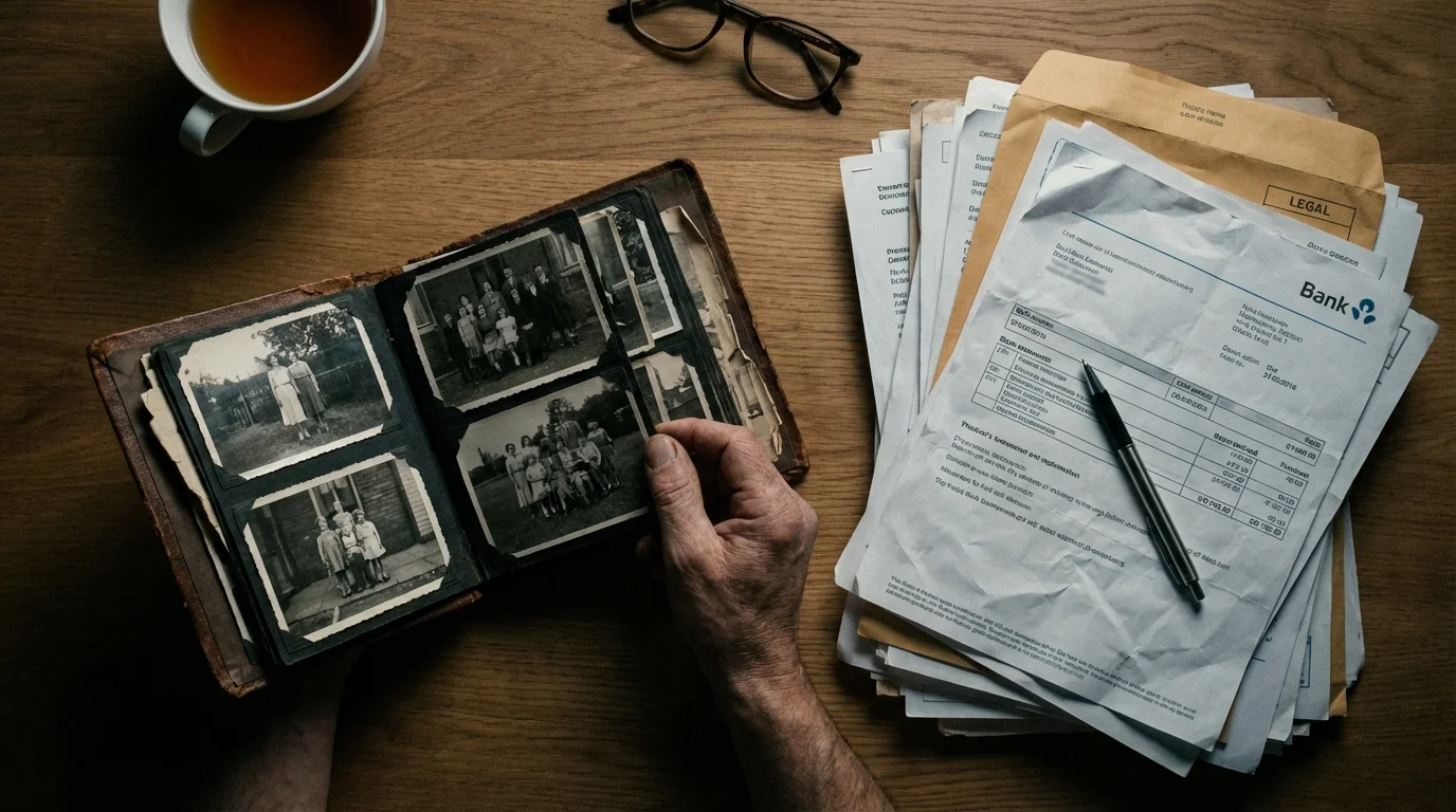 Hand holding old photo next to divorce financial paperwork, symbolizing emotional and financial impact.
