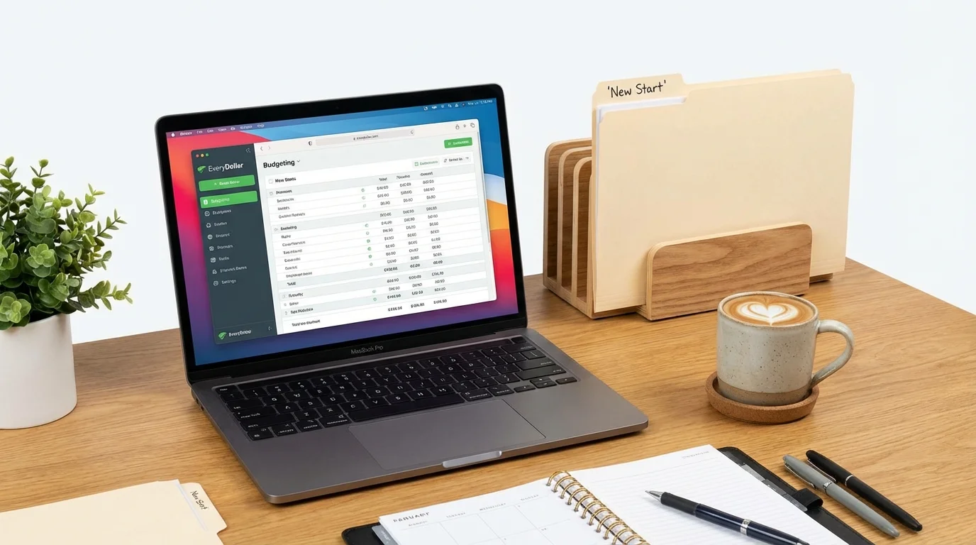 Organized desk with laptop showing a budget and files ready for post-divorce financial planning.