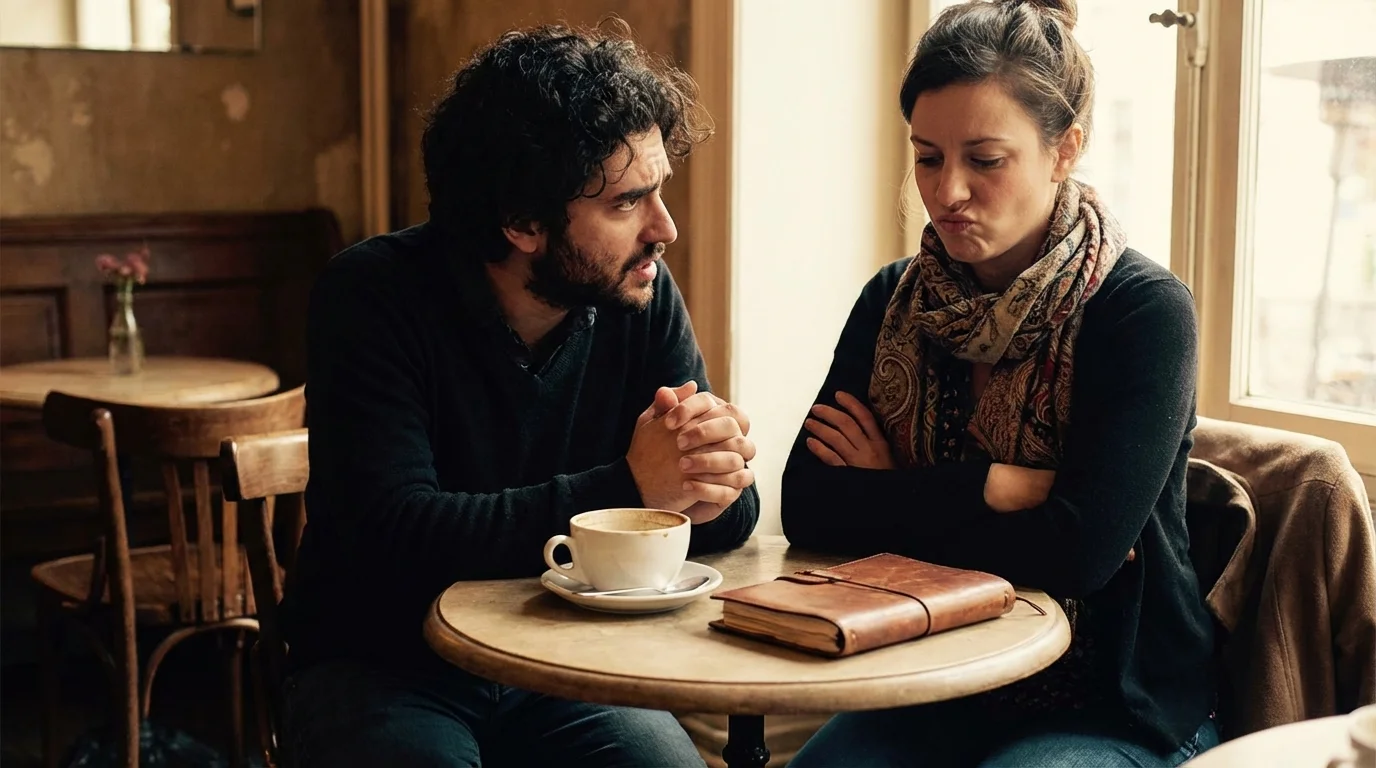A person listening skeptically to a date discussing their ex-spouse.