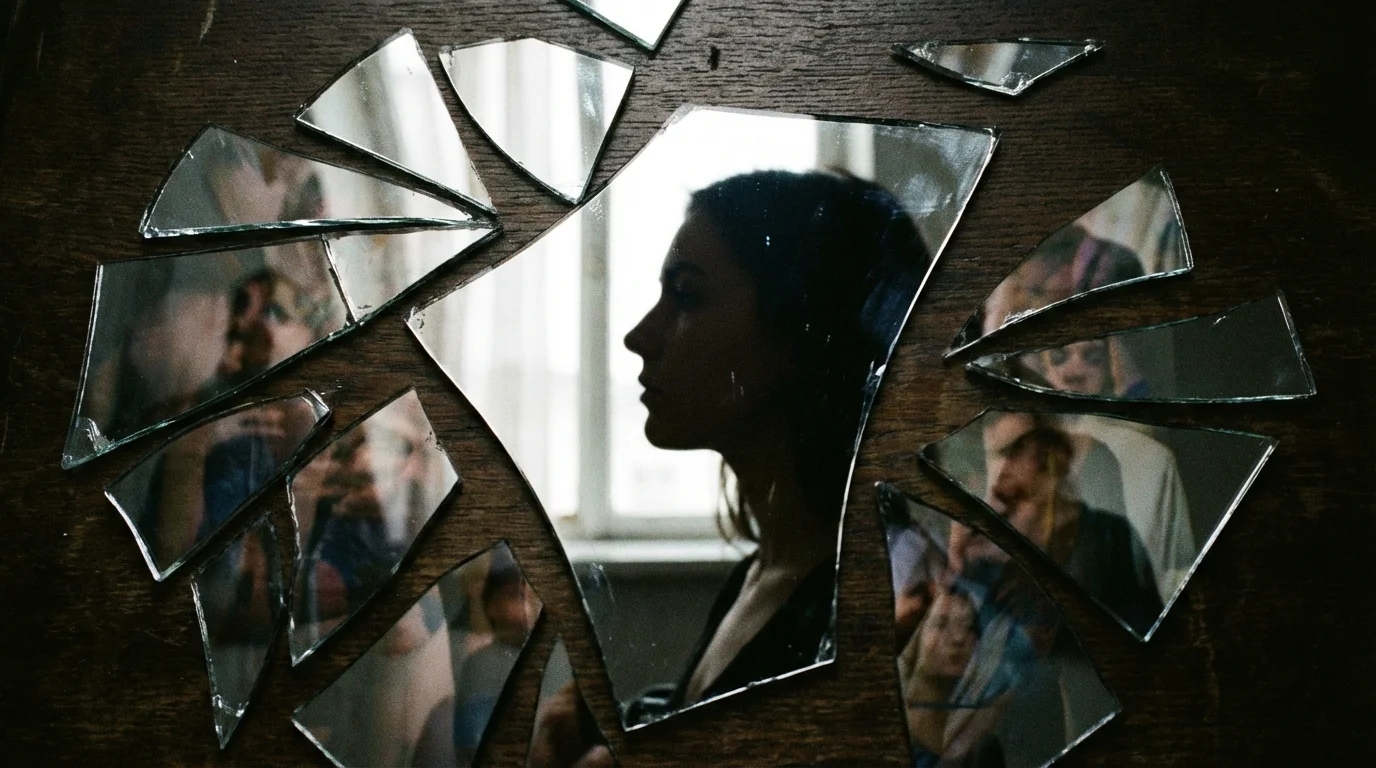 Visual metaphor of a shattered identity being reformed after divorce.