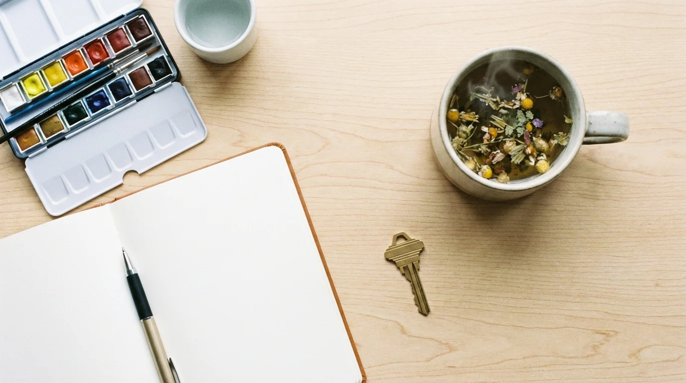 Flat lay of self-care items: journal, paints, and tea representing practical rediscovery.