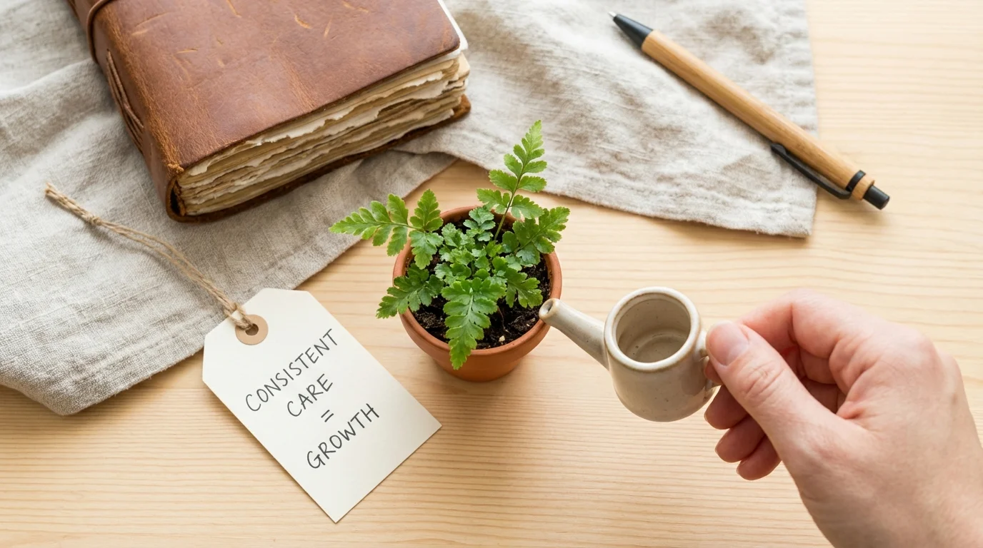 Overhead view of a small plant being watered, representing consistent relationship care.