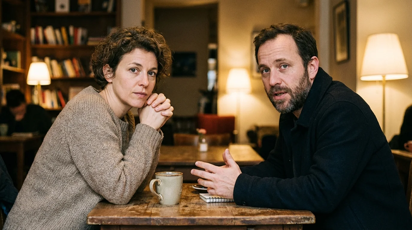 Two partners actively listening to each other during a conversation, demonstrating focused communication.