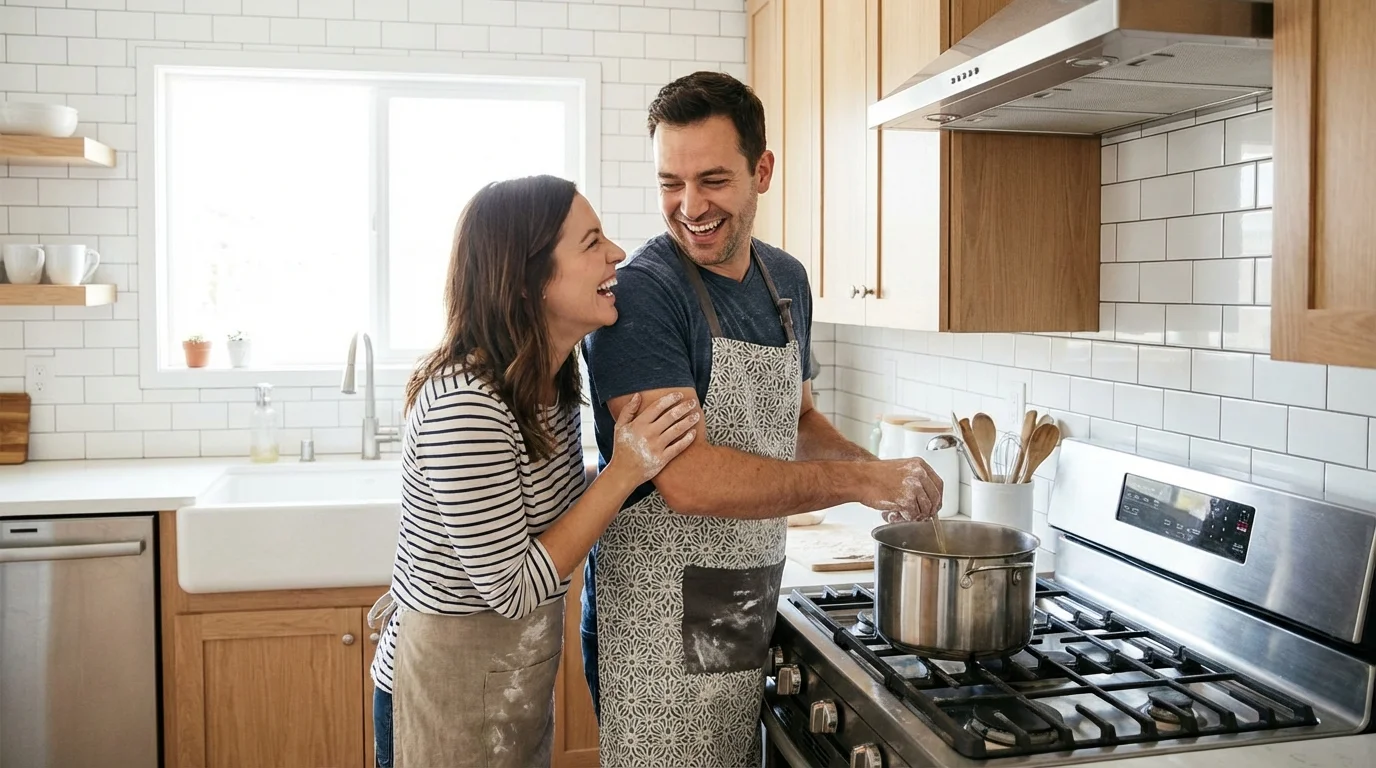 Couple laughing while cooking together, showing fondness and shared enjoyment in daily activities.