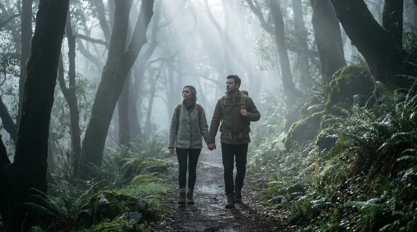 Couple holding hands while walking on a path through a misty forest, symbolizing navigating challenges together.