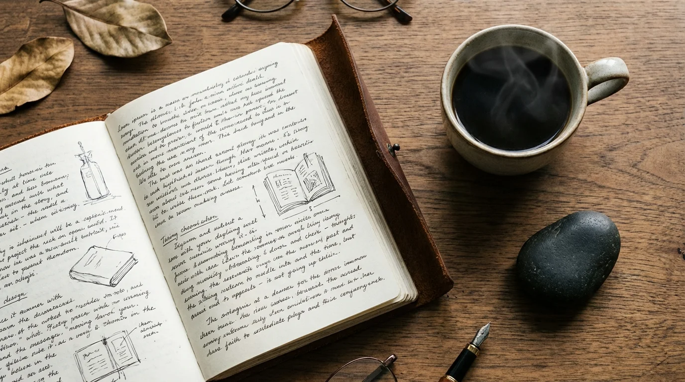 Open journal and coffee symbolizing introspection and self-awareness.