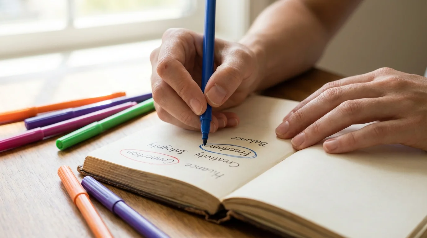 Hands writing down core personal values in a notebook.