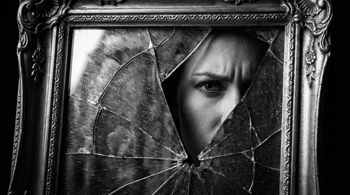 Close-up of a face reflected in a cracked mirror, representing identity questioning after divorce.
