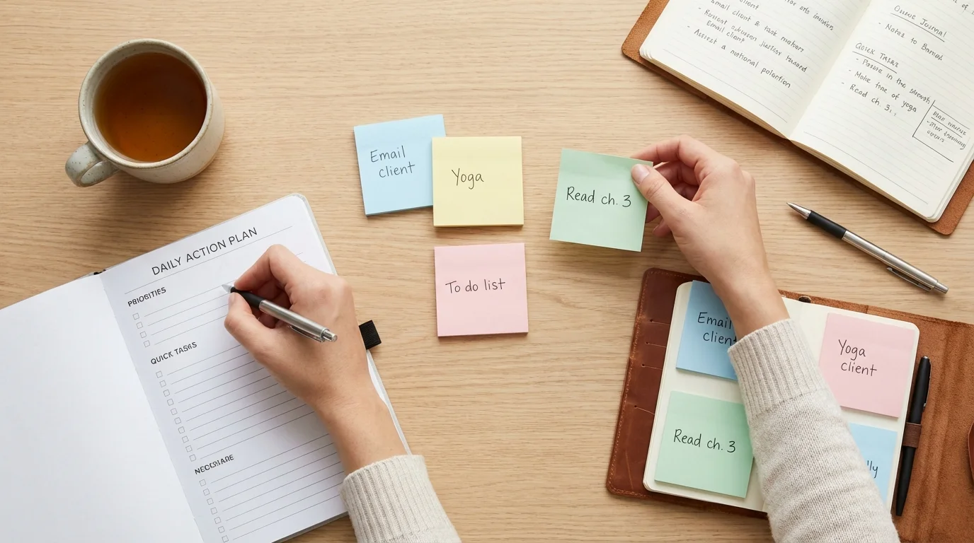 Overhead view of hands organizing goals and self-care tasks in a journal.