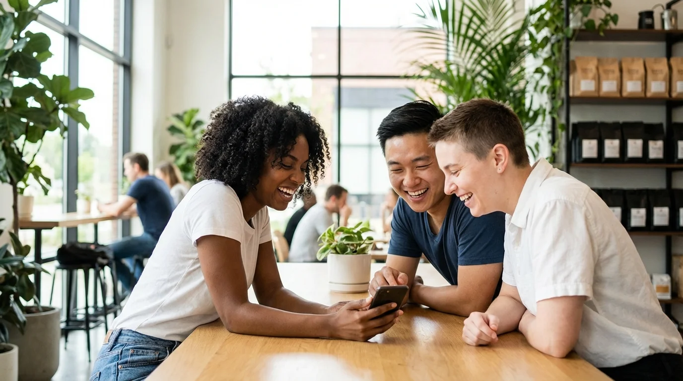 Three friends sharing a genuine moment of laughter and connection over coffee.
