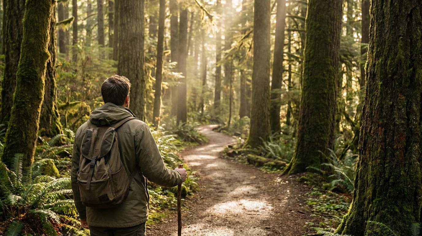 Person walking on a sunlit, winding path in a forest, symbolizing the journey of self-discovery.