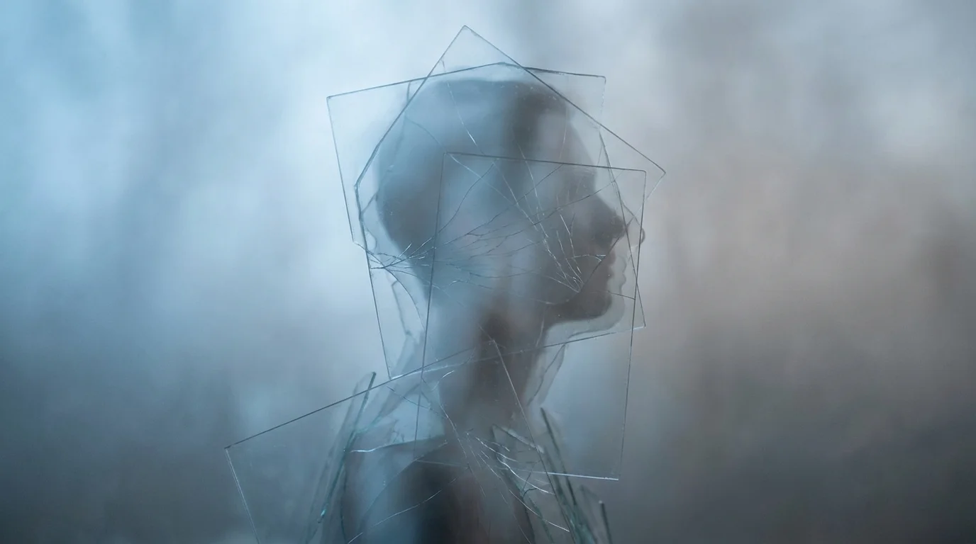 Silhouette of a person with fractured, transparent layers symbolizing self-abandonment.