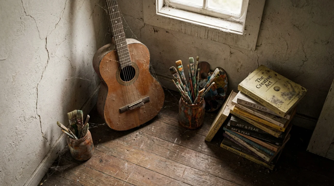 Dusty guitar, dry paintbrushes, and unread books illustrating neglected hobbies.