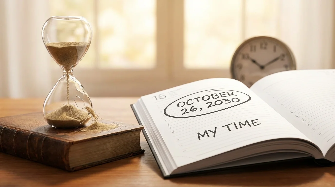 Broken hourglass next to an open calendar symbolizing moving beyond dating timelines.