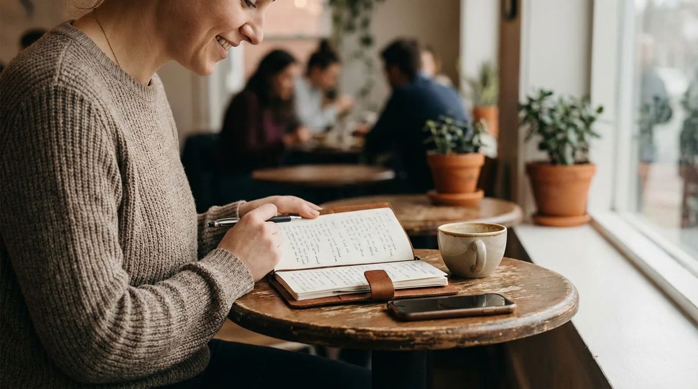 Person intentionally journaling at a cafe, preparing for the dating journey.