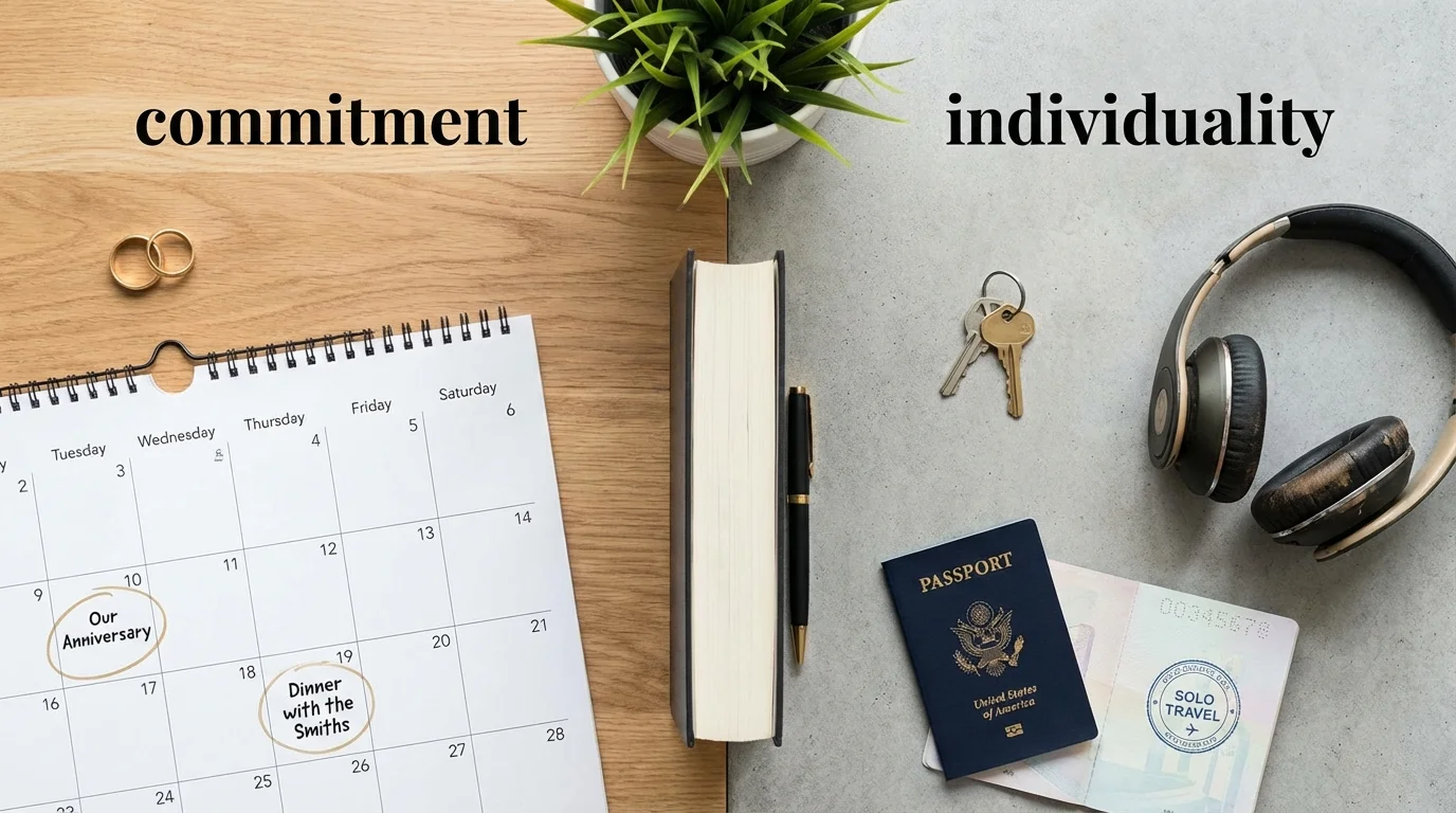 Flat lay contrasting wedding symbols with symbols of independent activities.