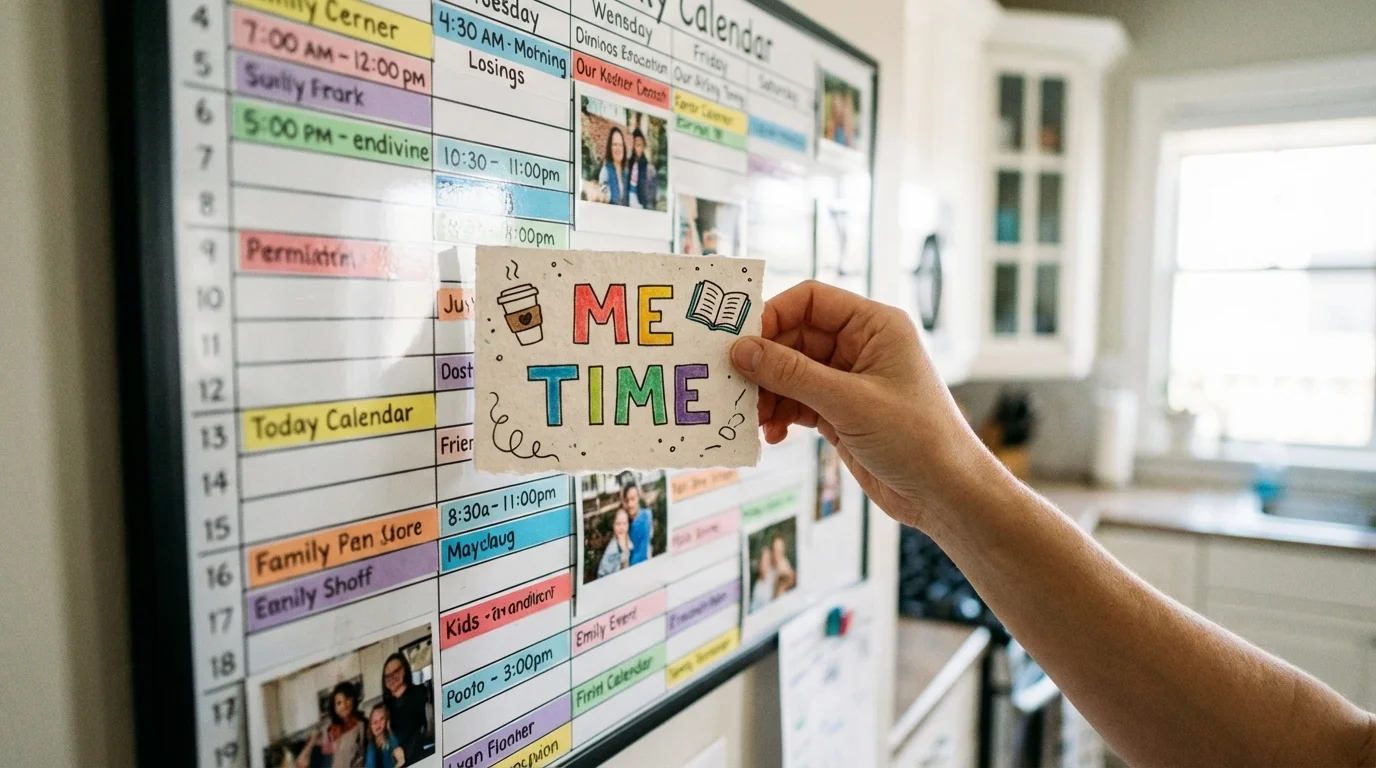 Hand marking 'Me Time' on a calendar next to a shared family planner.