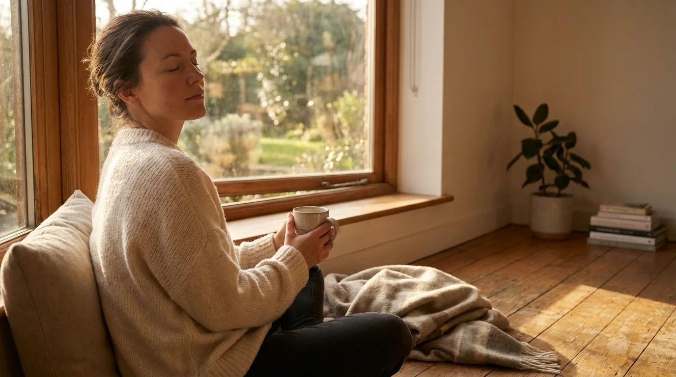 Person relaxing peacefully by a window with a warm drink, symbolizing reduced stress.