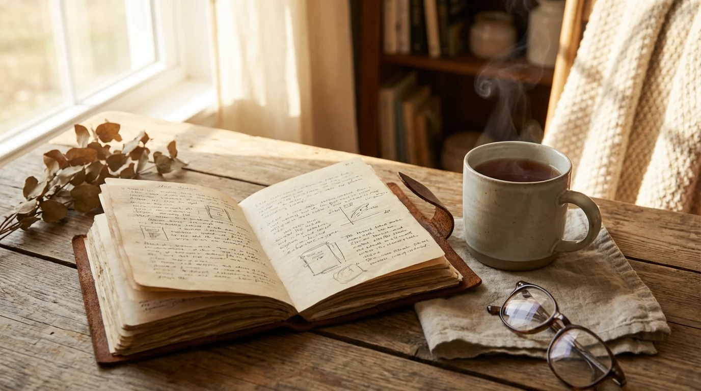 Open journal and cup of tea symbolizing quiet reflection during solo travel.