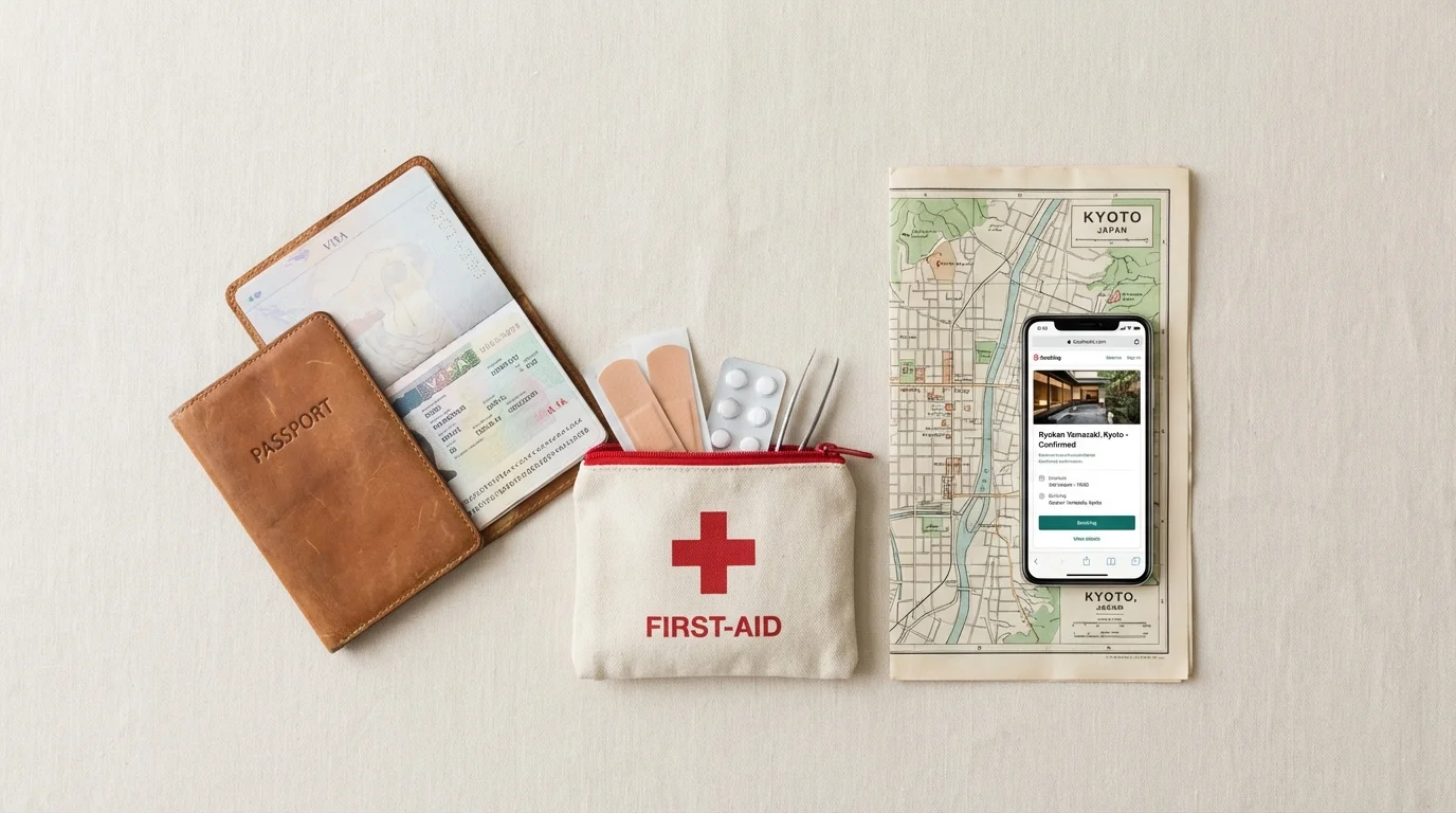 Organized travel essentials laid out for a safe and manageable first solo trip.