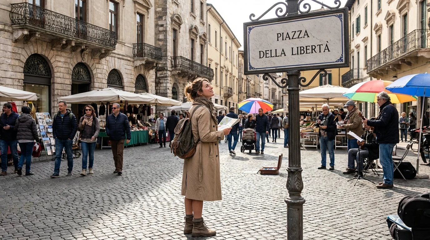 Woman independently exploring a vibrant European city square after divorce.