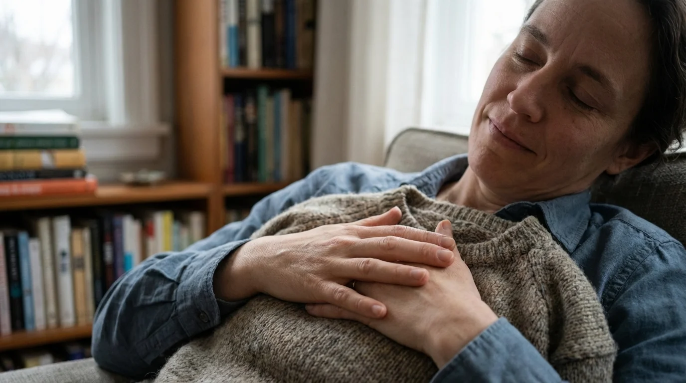 Hands resting over the chest symbolizing self-awareness and internal emotional processing.