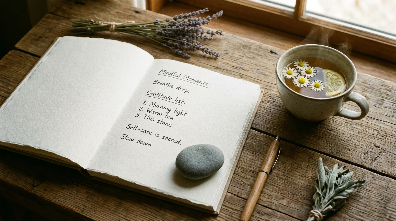 Overhead view of a journal, smooth stone, and tea, representing mindful coping skills and self-care.