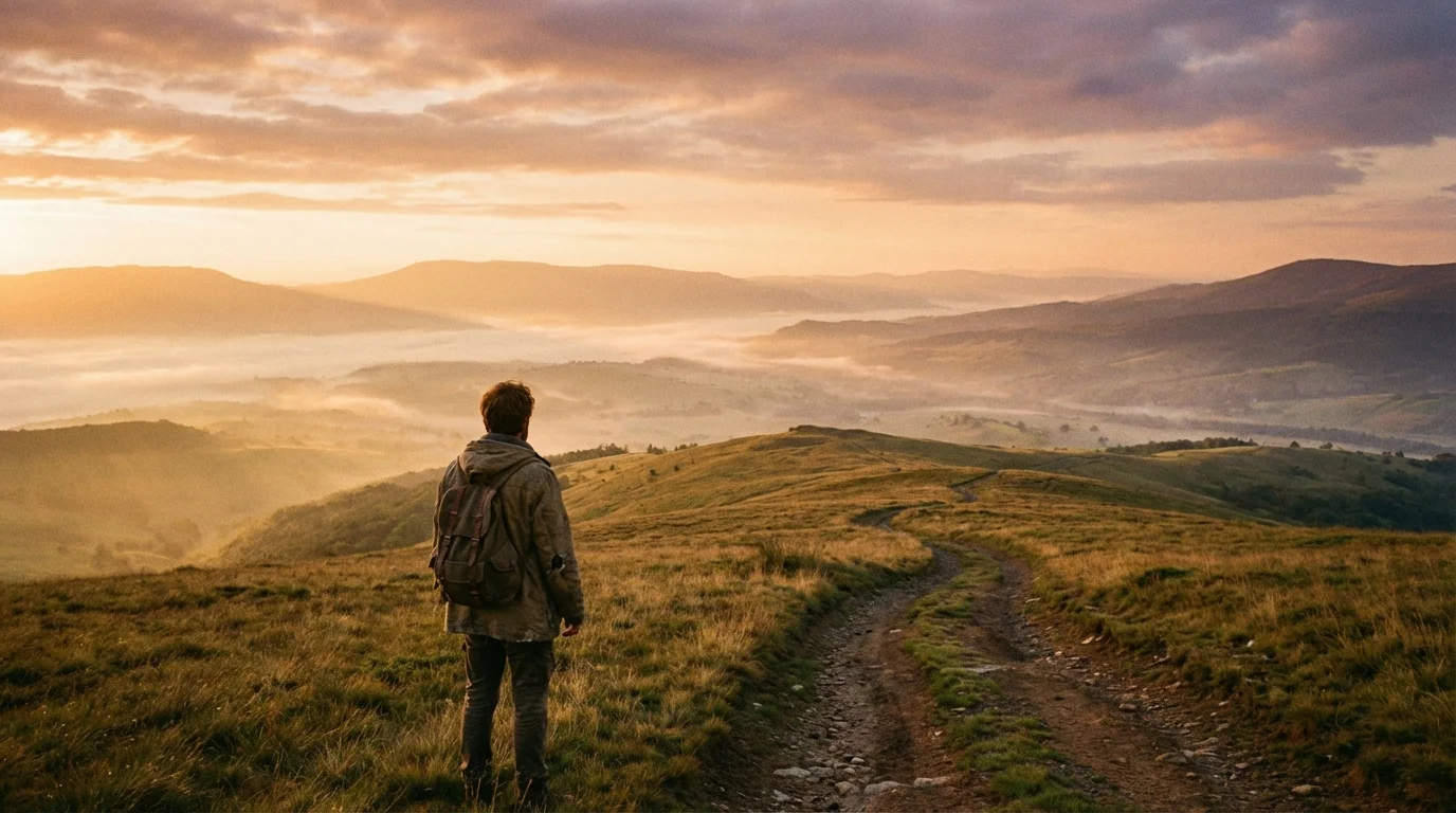 Person overlooking an open landscape at sunrise, symbolizing resilience and looking toward a meaningful future.