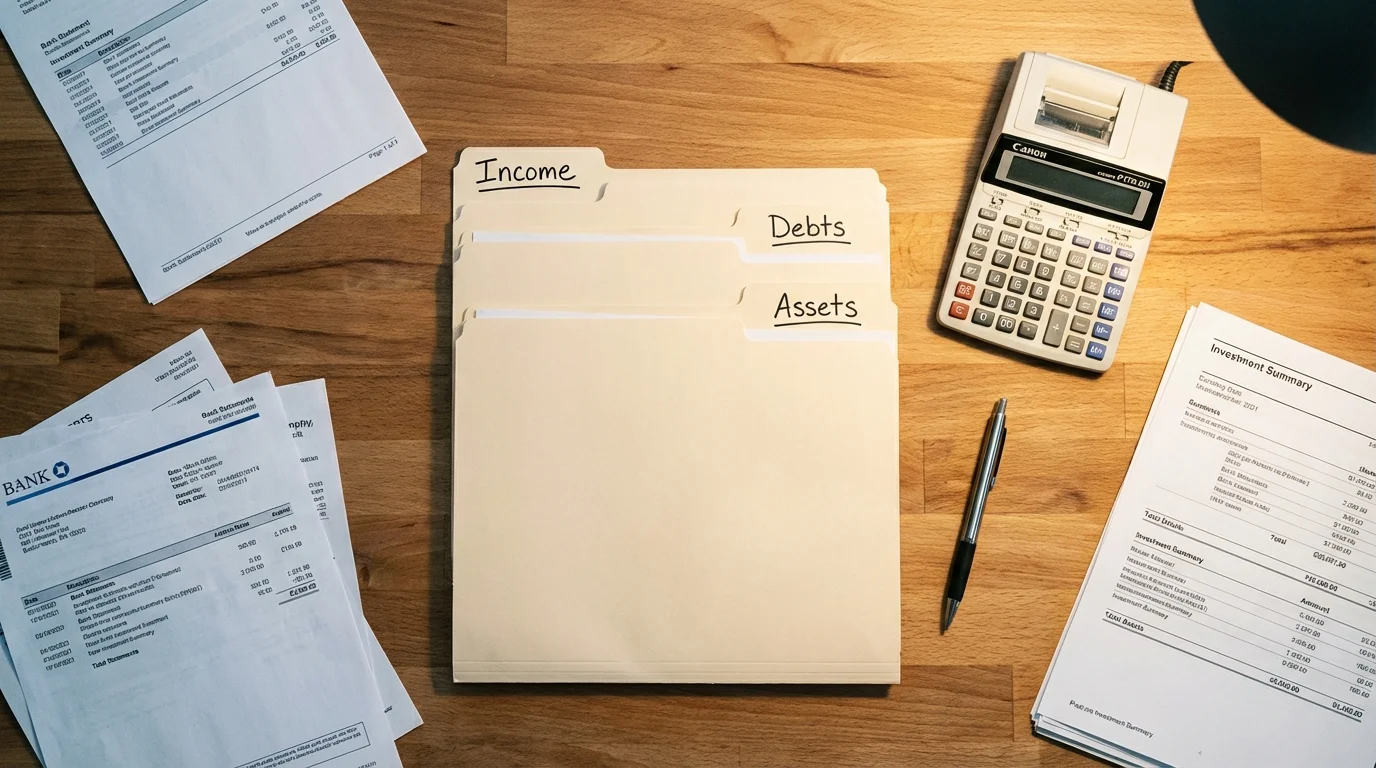 Overhead view of organized financial documents, calculator, and pen on a desk.