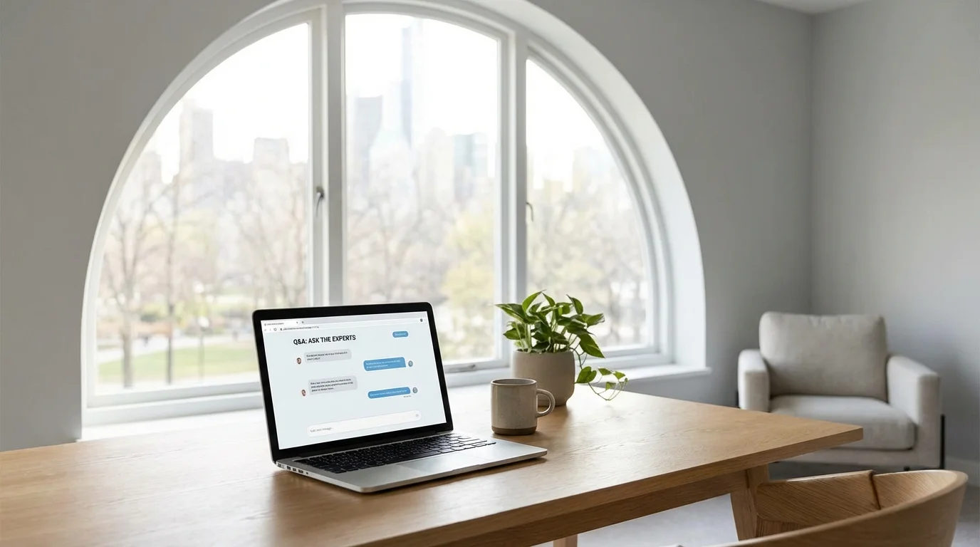 Laptop screen showing a frequently asked questions interface in a bright office setting.