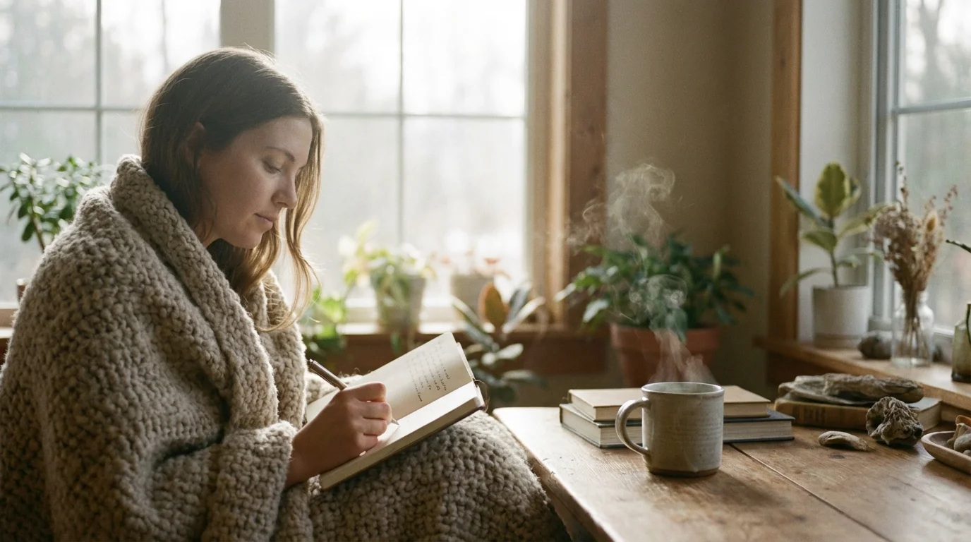 Person reflecting and journaling to allow time for healing after a major life change.