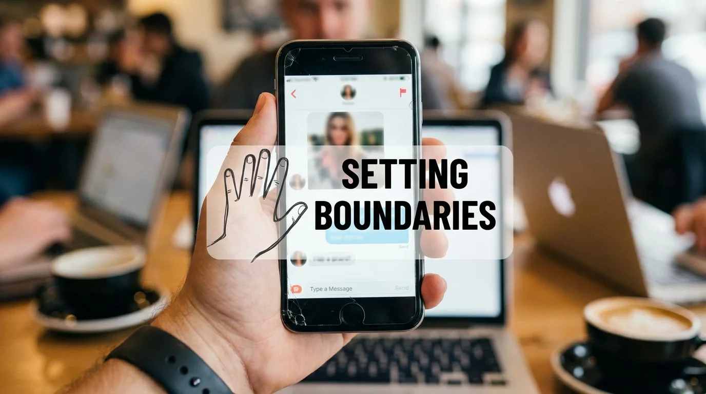 Using a smartphone to navigate modern online dating apps safely and setting personal boundaries.