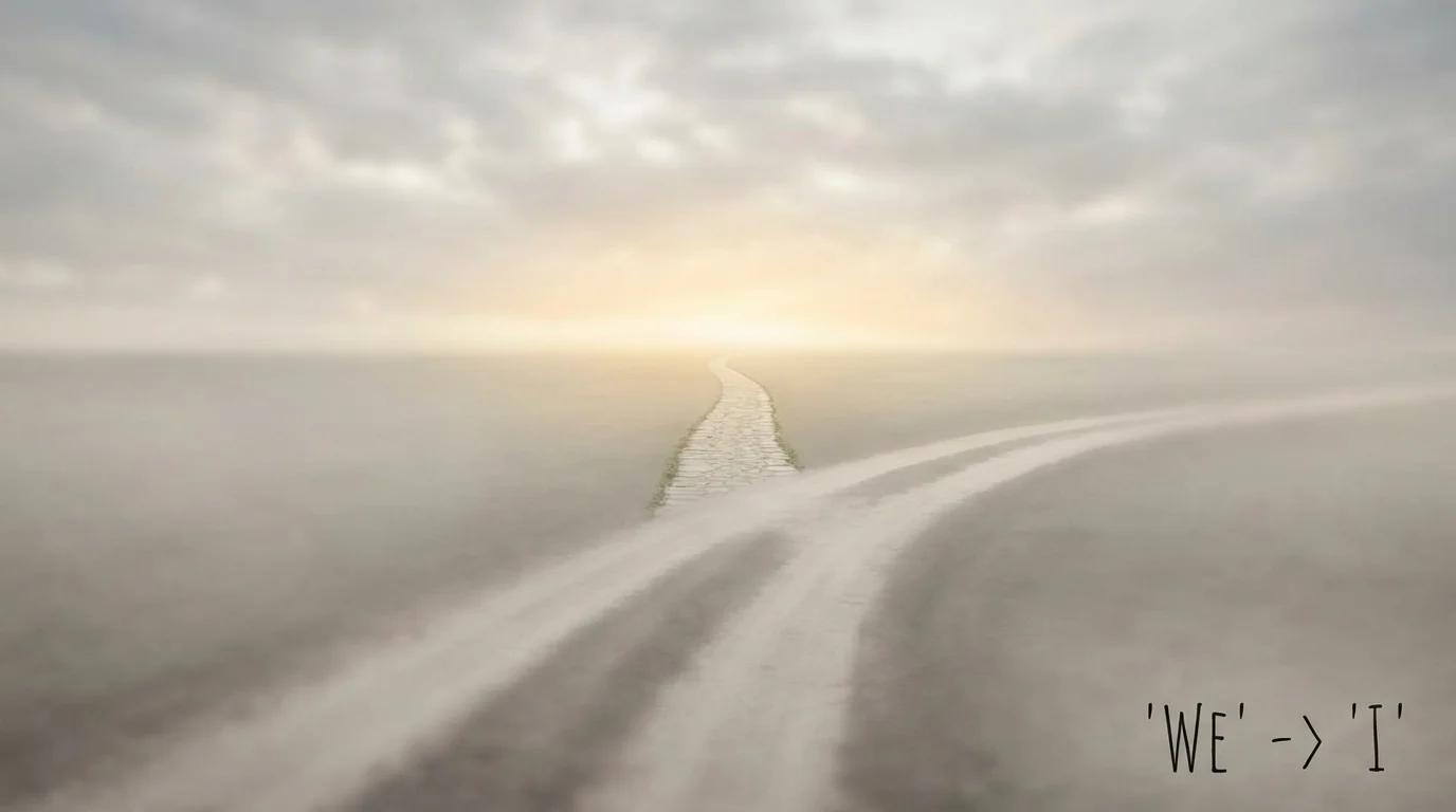 Conceptual image of one clear path diverging from a blurry, shared path.