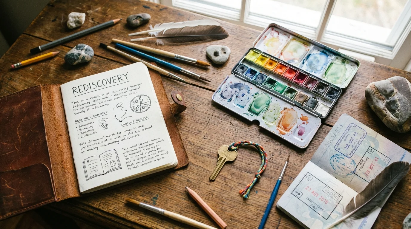 Flat lay of journaling supplies, paints, and a passport symbolizing self-discovery activities.