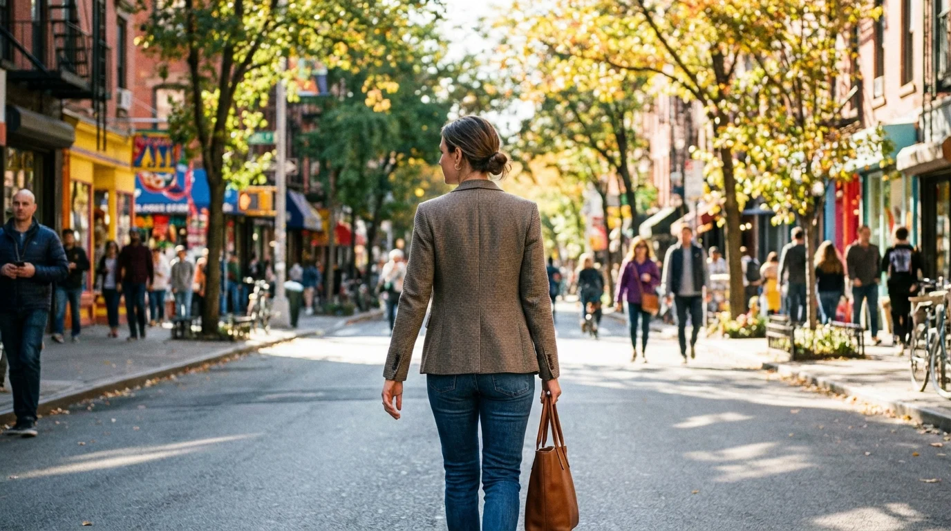 Woman walking confidently down a sunny street, embracing her independent future.
